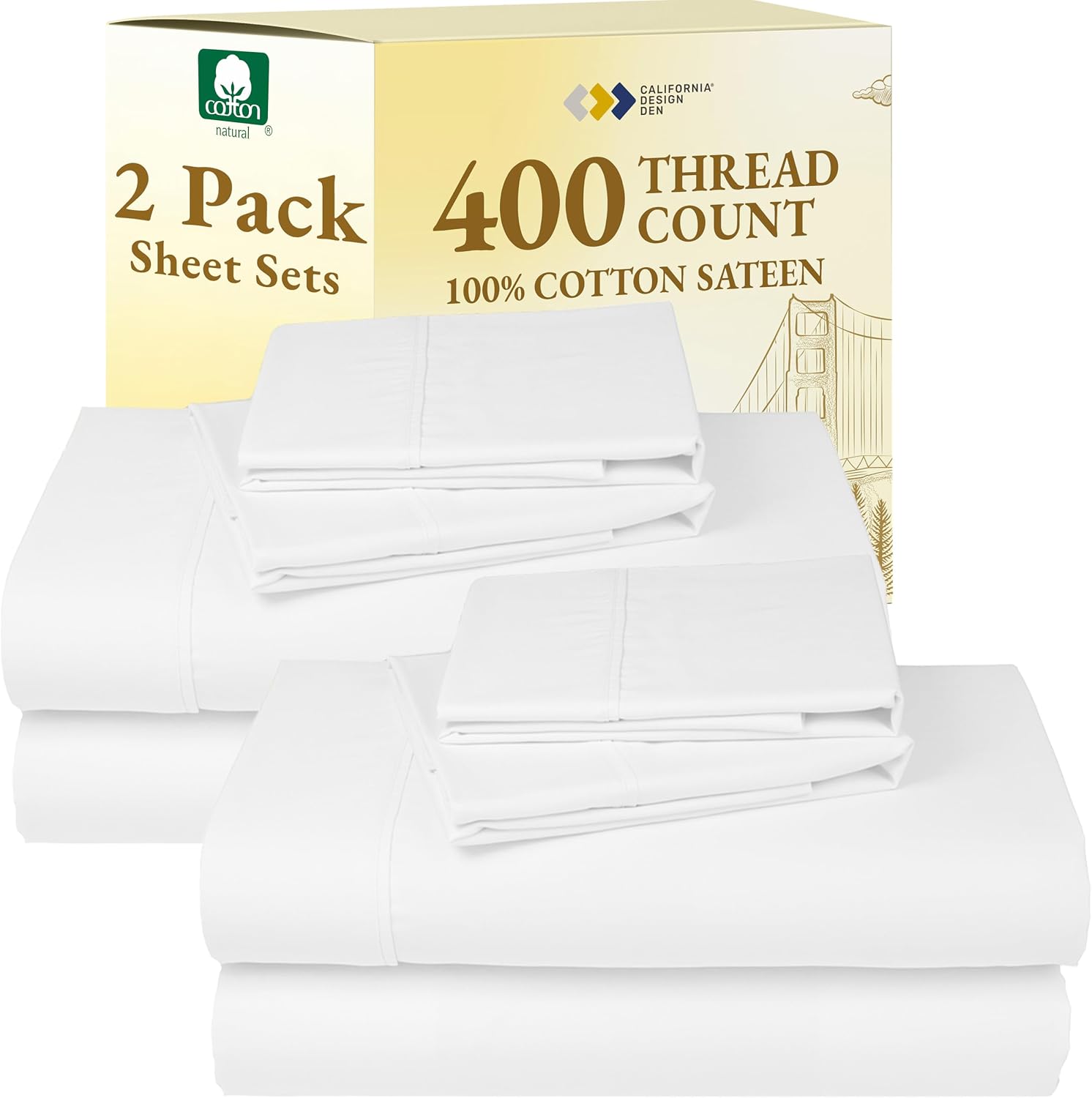 CaliforniaDesignDen California Design Den Pack of 2 Bed Sheets Full Size - 400 Thread Count 100% Cotton Sateen - Soft and Breathable Sheets…