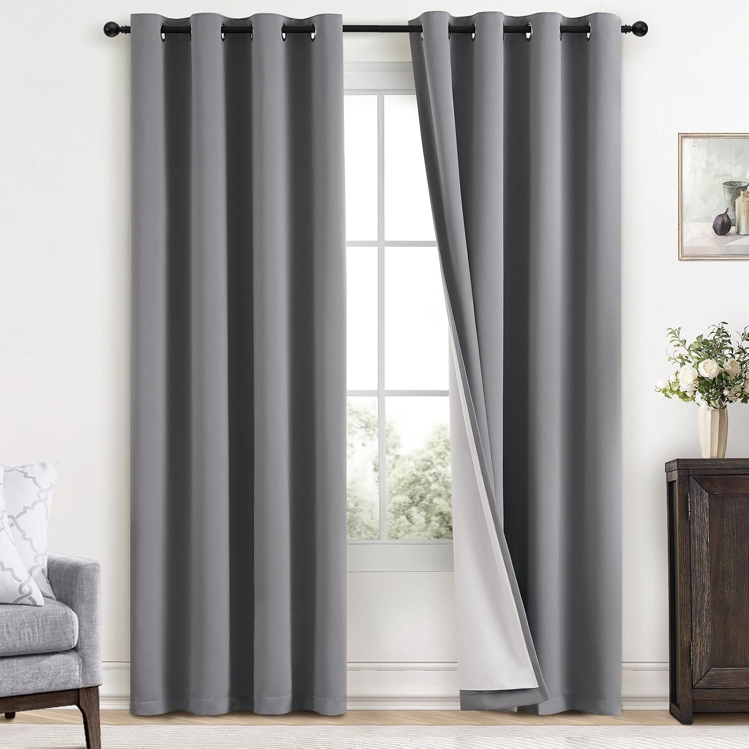 Yakamok Grey Room Darkening 100% Blackout Curtains Grommet Window Treatments with 2 Thick Layers-Gray Thermal Insulated Drapes Set of 2 Pan…