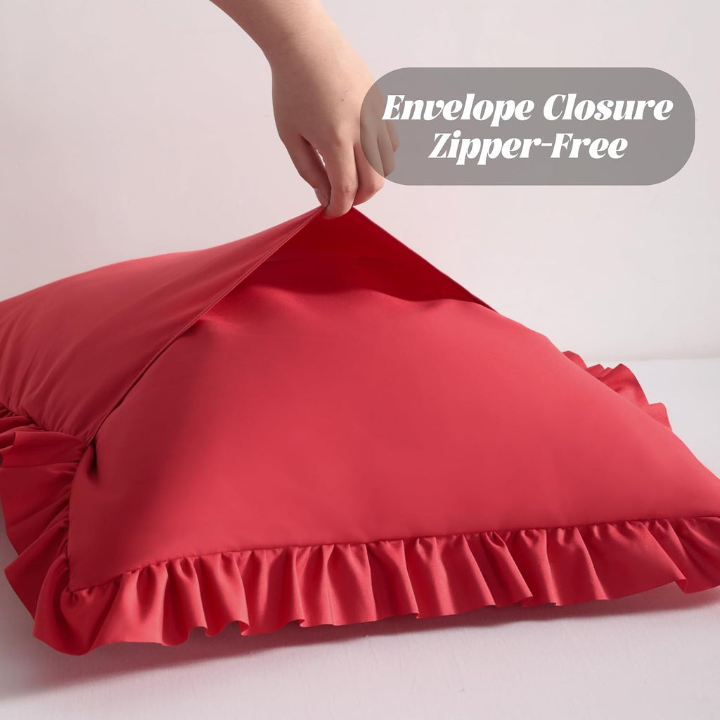 Bedsum Ruffled Pillow Shams King 20x36 Set of 2, Brushed Microfiber Pillowcases with Envelope Closure, Soft Wrinkle-Resistant, Red Red
