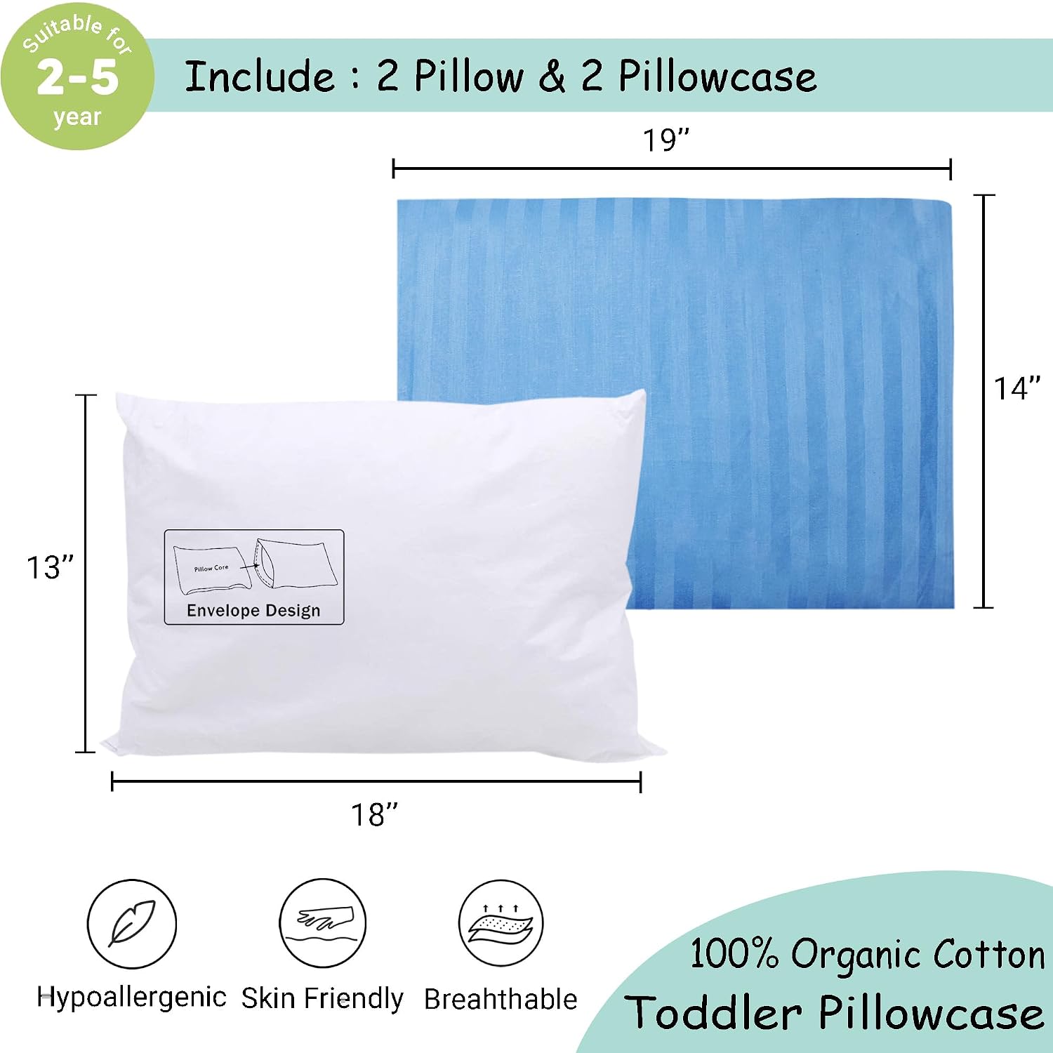 ZPECC-ABrandThatHasBeenFocusedOnBeddingFor20Years ZPECC Toddler Pillow with Pillowcase 2 Pack - 13x18 Organic Cotton Hypoallergenic Kids Pi…