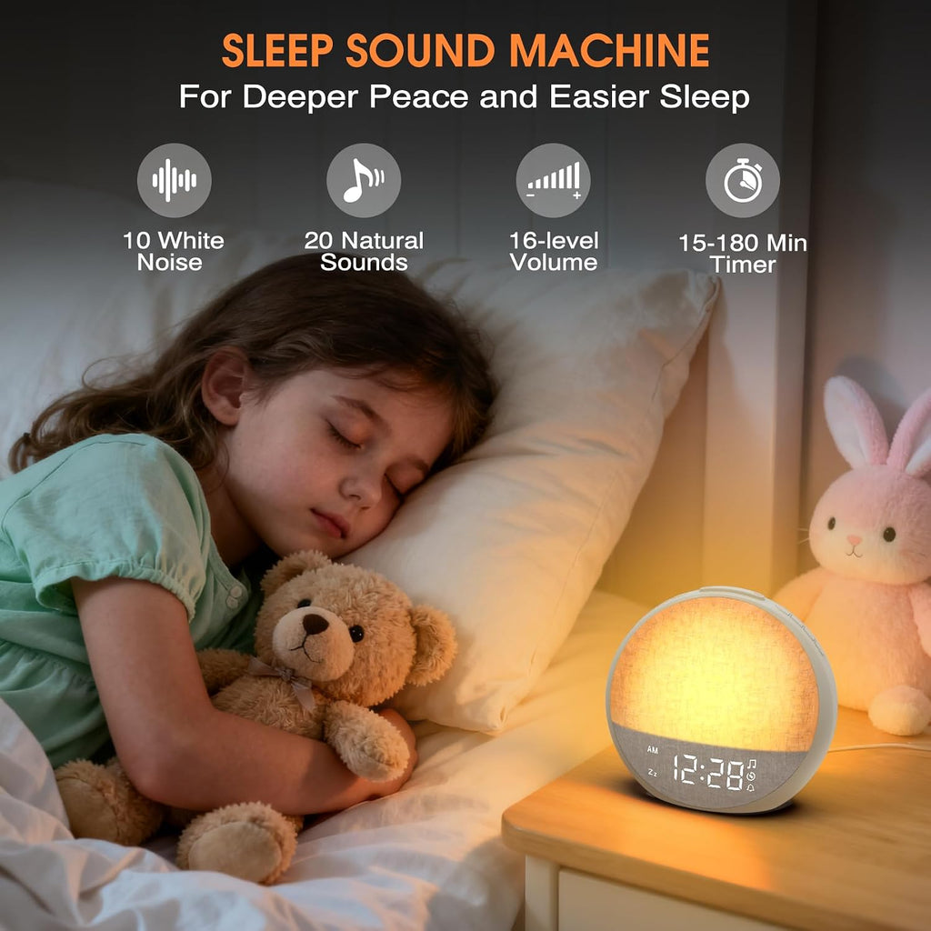 Sunrise Alarm Clock, White Noise Sound Machine with 30 Soothing Sounds, Dimmable Night Light, Natural Sunlight Lamp Gentle Wake Up Light…