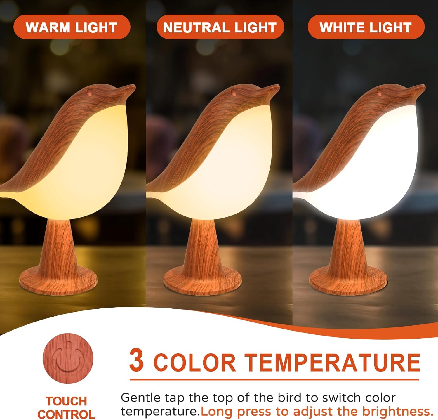 Deogos Small Desk Lamp, Bird Bedside Light with 3 Color Temperature and Touch Sensor, Cordless Kids Night Light, Rechargeable Battery for…