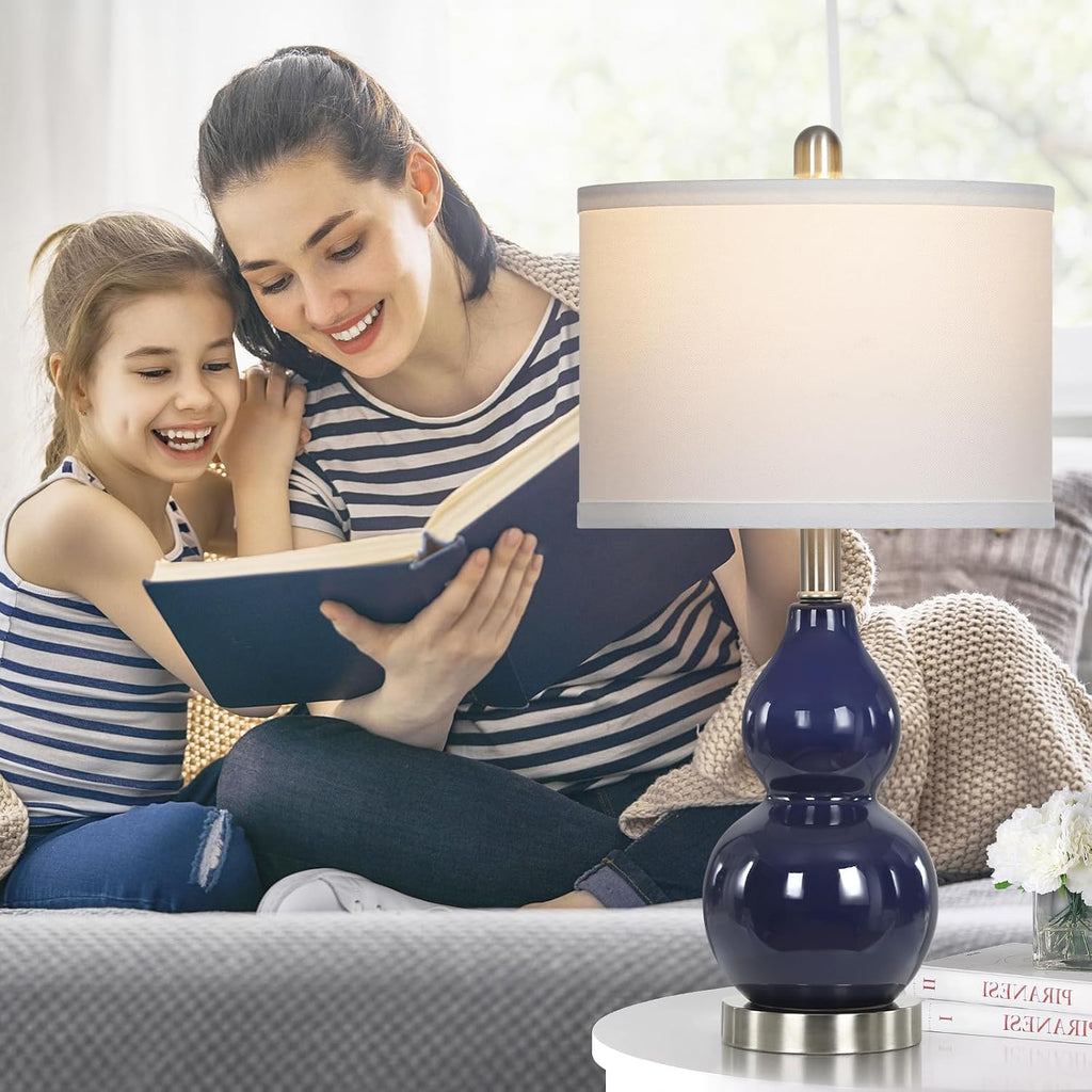 Rinweey Double Gourd Ceramic Table Lamps Set of 2, Modern Navy Blue Bedside Lamps for Night Stand, Contemporary Nightstand Lamps for…