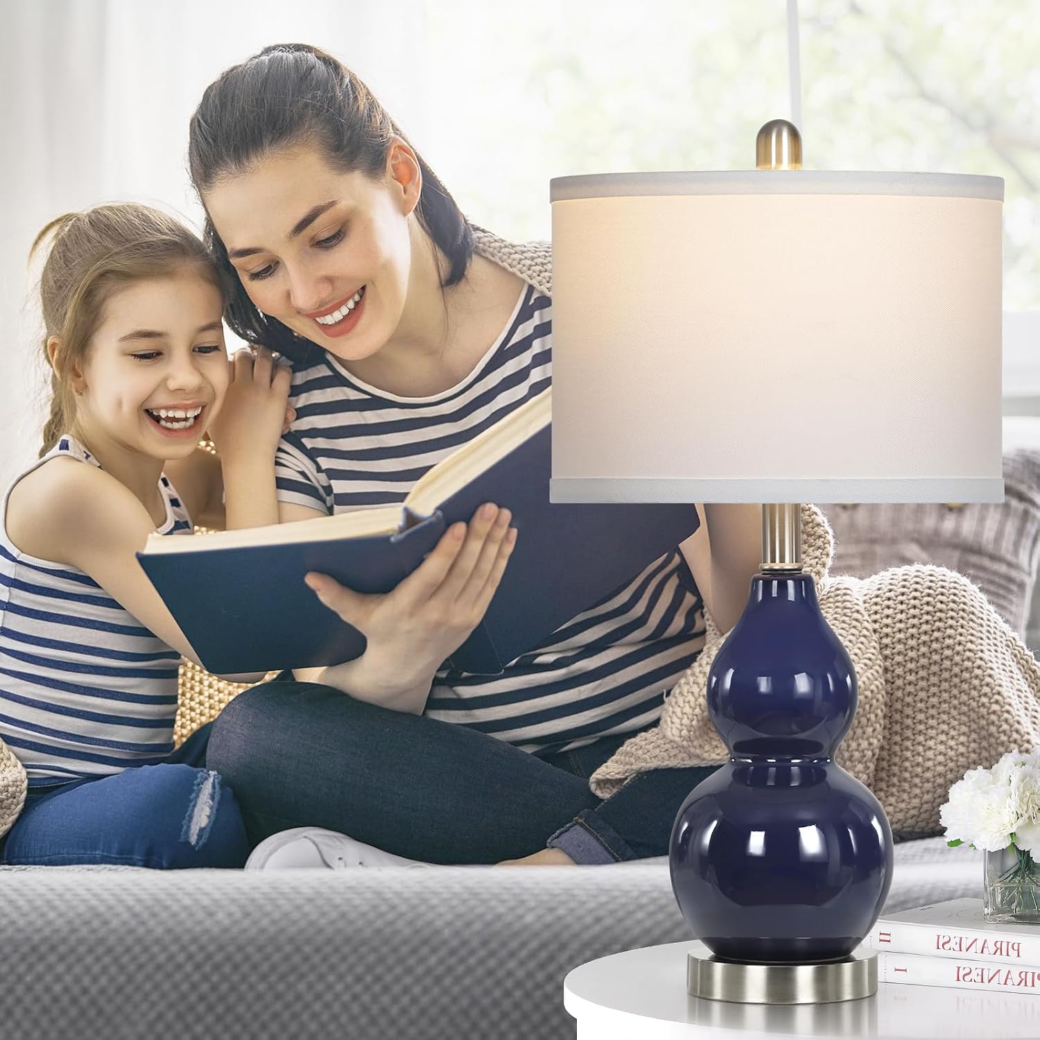 Rinweey Double Gourd Ceramic Table Lamps Set of 2, Modern Navy Blue Bedside Lamps for Night Stand, Contemporary Nightstand Lamps for…
