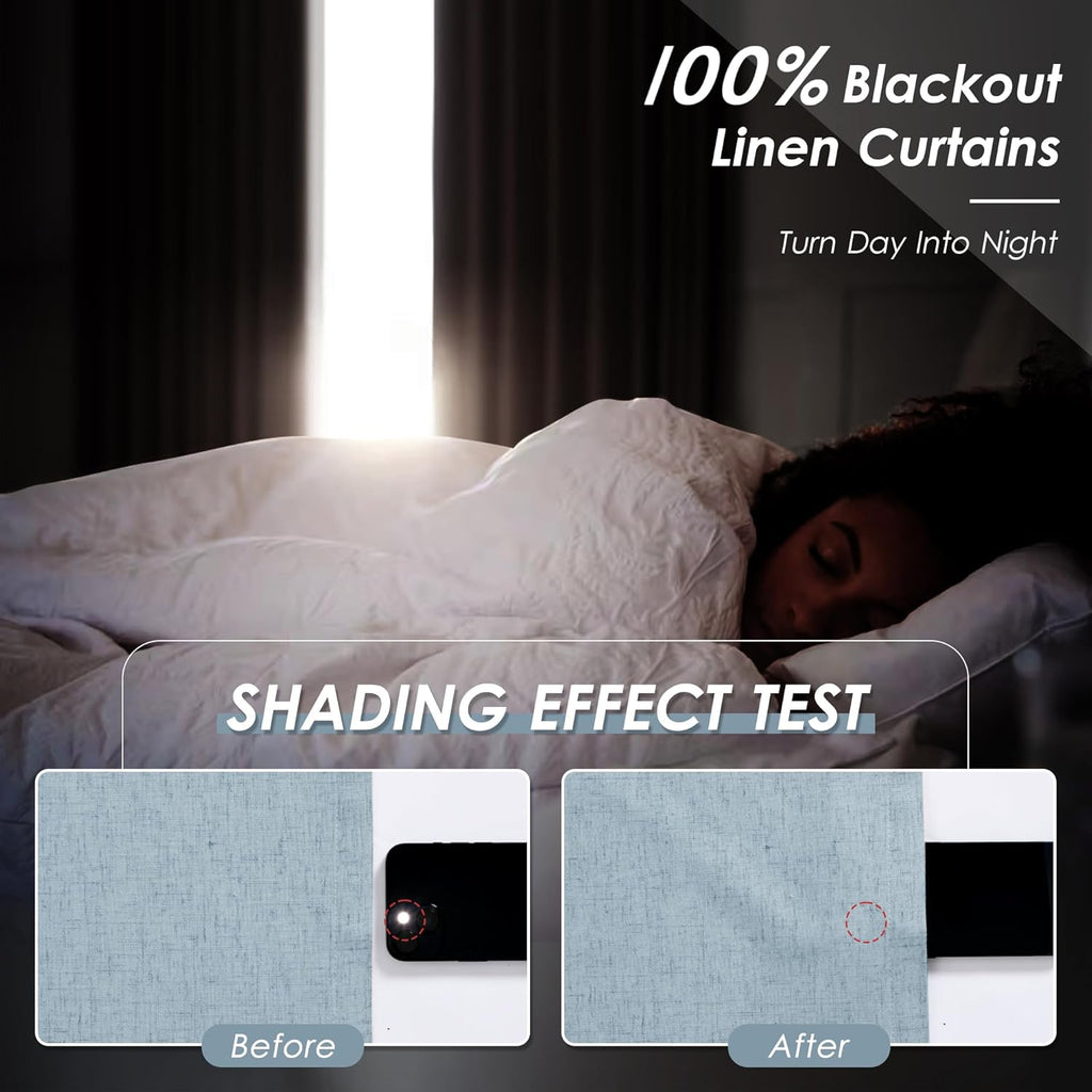 Nanspring Blue 100% Blackout Linen Curtains 108 Inches Long for Bedroom Back Tab Thermal Insulated Luxury Modern Farmhouse Decor Black Out…