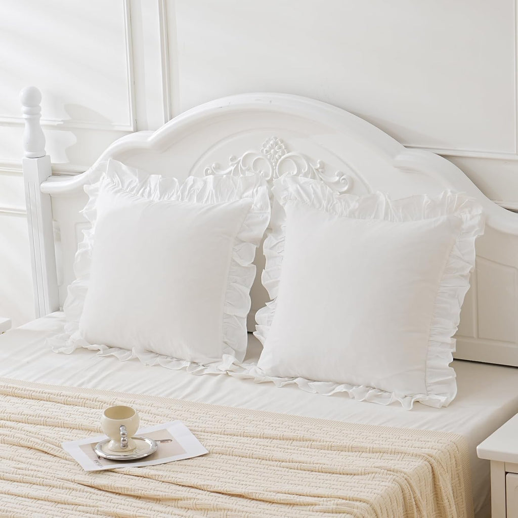 Qilunn Vintage Off White Ruffle Euro Shams Shabby Farmhouse Pillow Cover 100% Washed Cotton Pillowcases Set of 2-26"x26" White 2pcs Cotton…