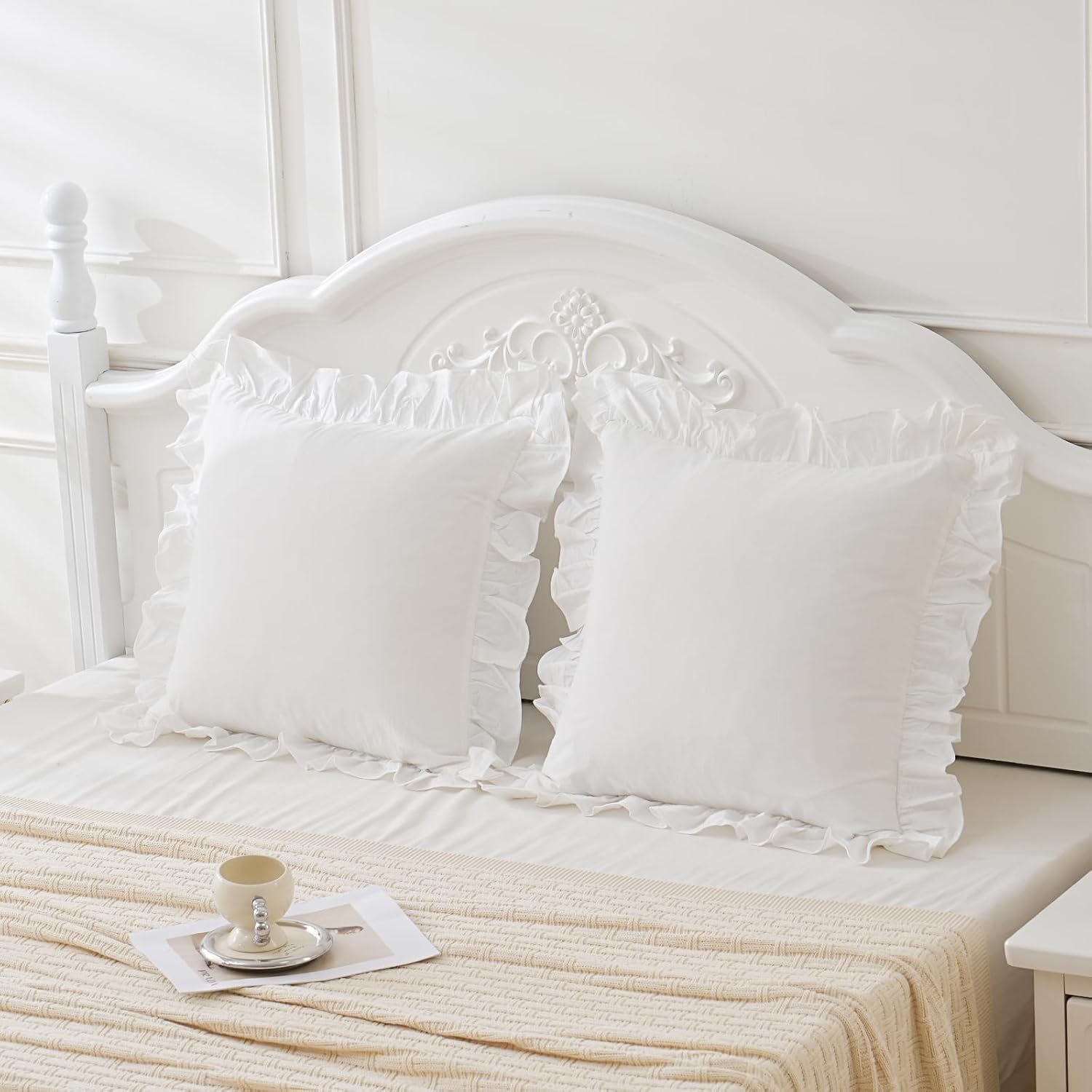 Qilunn Vintage Off White Ruffle Euro Shams Shabby Farmhouse Pillow Cover 100% Washed Cotton Pillowcases Set of 2-26"x26" White 2pcs Cotton…