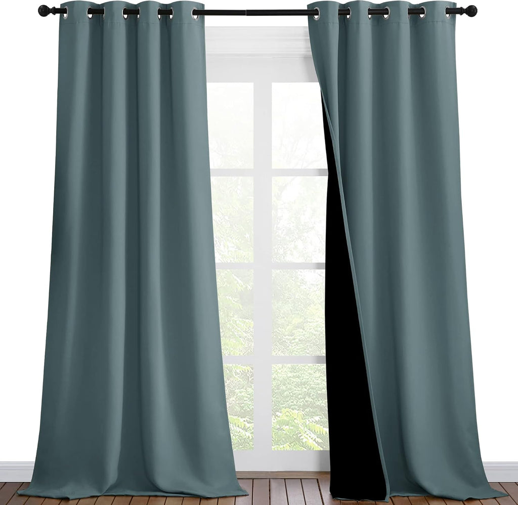 Nicetown Greyish Blue Blackout Curtains 90 inches Long, Full Light Blocking Drapes with Black Liner for Nursery, Thermal Insulated Draperie…