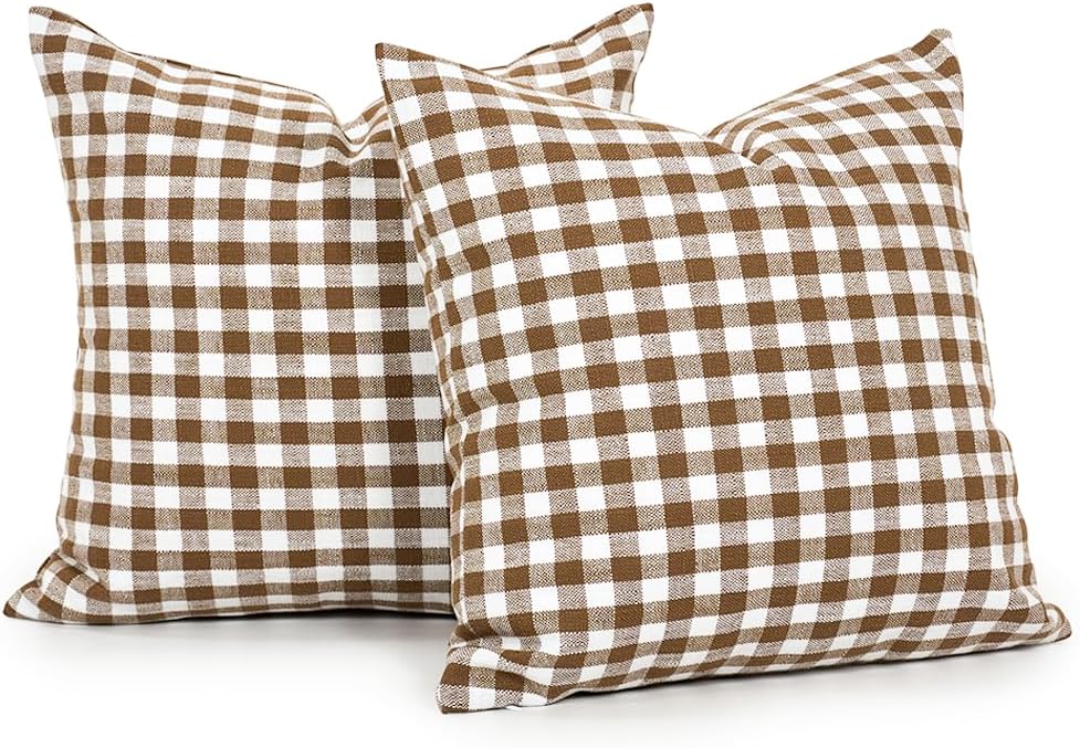 CARRIE HOME Outdoor Khaki and White Buffalo Plaid Pillow Covers 20x20 Set of 2, Khaki White Gingham Check Pillows Decorative Throw Pillow…
