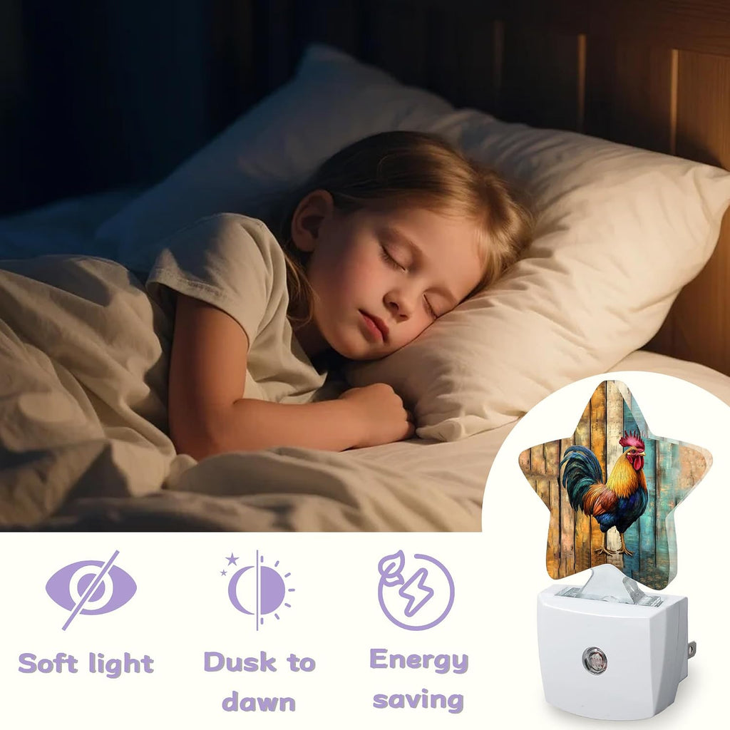 Chicken Rooster Nightlights Plug in Wall, Wooden Board Decorative Star Lamp with Automatic Lighting for Living Space, Gentle Glow for Kids…