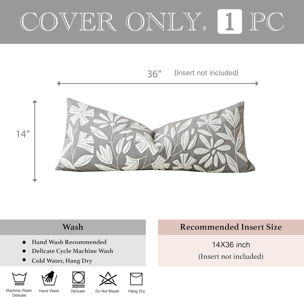 BlissBlush Gray Floral Lumbar Pillow Cover 14x36 Inch, Velvet Long Accent Pillow Cover for Bed, Soft Rectangle Decorative Farmhouse…