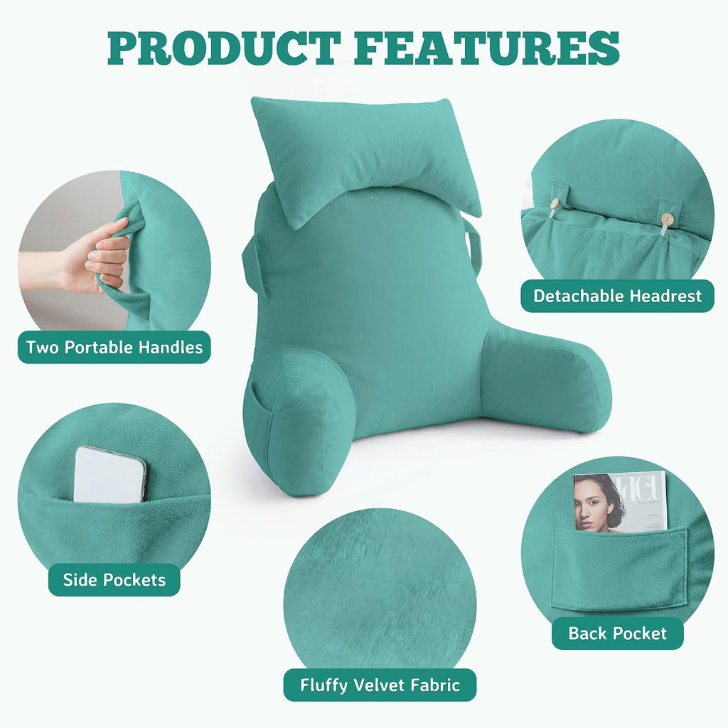 Unisakey Portable Reading Pillows with Headrest for Bed Sitting Up(Lake Blue Oeko-Tex), Velvet Back Pillow with Arms & Pockets for…