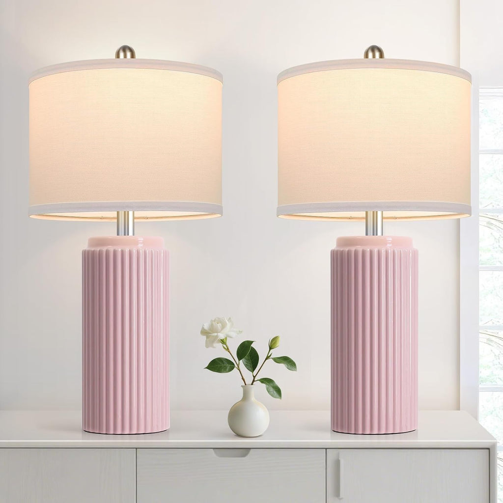 Tobusa 23.5’’ Modern Pink Table Lamps Set of 2 for Living Room, Ceramic Bedside Lamps with White Linen Shade for Girls Room, Rustic Nightst…
