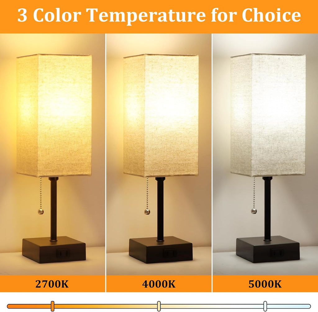 15'' Table Lamp for Bedroom set of 2,3-Color Bedside Lamps with Pull Chain Table Lamps for Night stands with AC Outlet, Small Night Light…