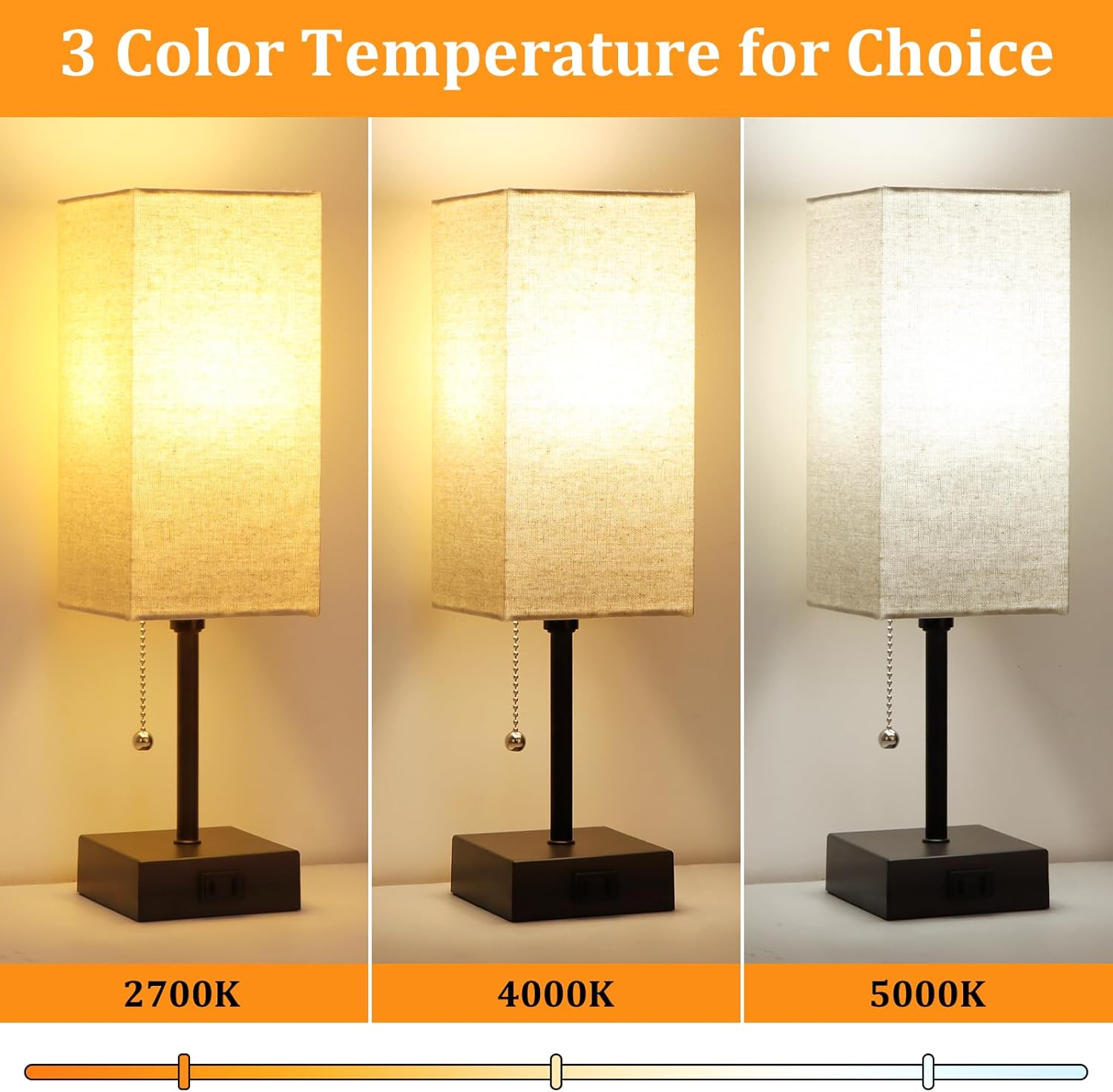 15'' Table Lamp for Bedroom set of 2,3-Color Bedside Lamps with Pull Chain Table Lamps for Night stands with AC Outlet, Small Night Light…