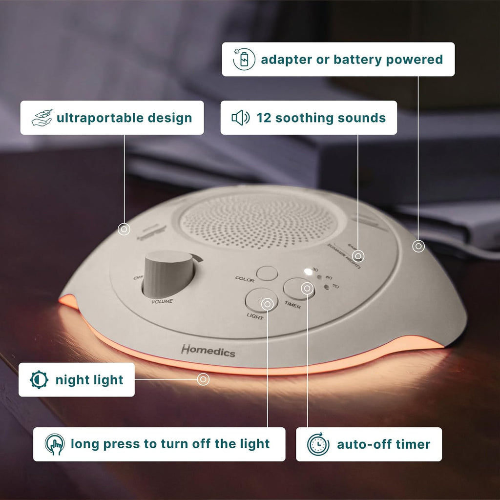 Homedics Sleep Better Portable Sound Machine, Night Light,12 Soothing Sounds Including White Noise, Rain & Thunderstorm, Ultra-Portable…