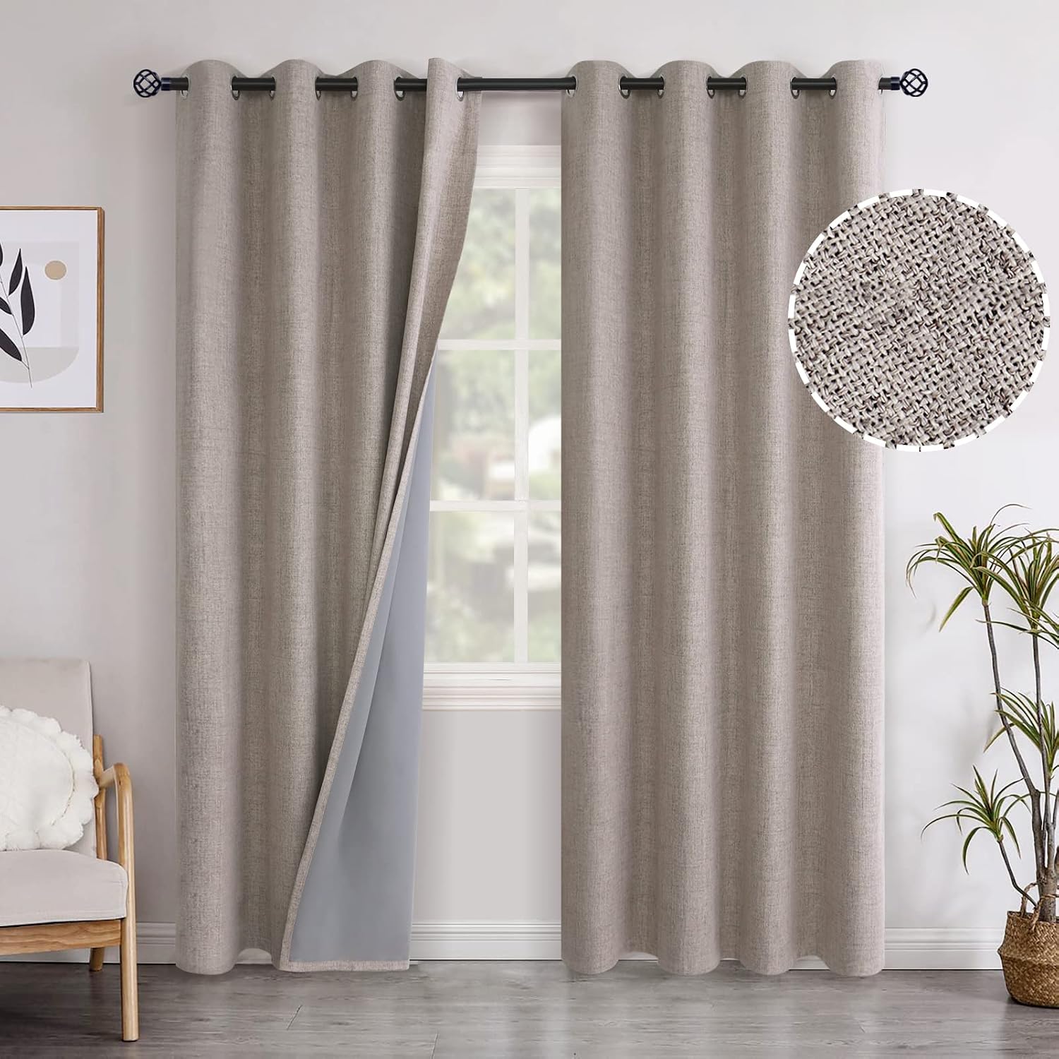 YoungsTex Taupe Linen Blackout Curtains 84 Inches Length for Living Room, Heat Blocking Room Darkening Window Treatments with Grommet Therm…