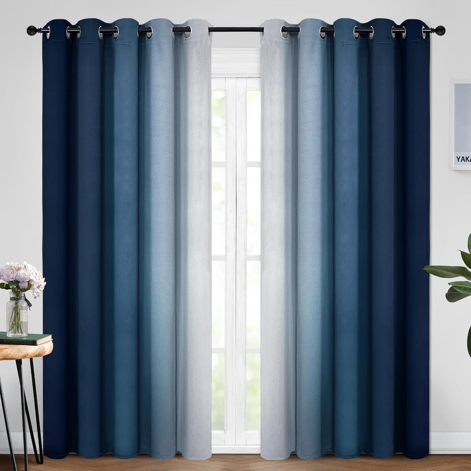 Yakamok Blue Ombre Curtains Room Darkening Grommet Curtains for Bedroom, Light Blocking Thermal Insulated Window Drapes for Living Room(2 P…