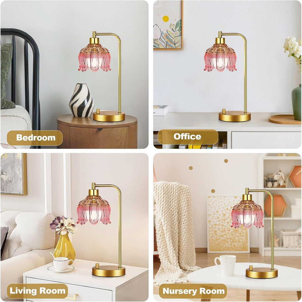 ILLMTW Pink Table Lamp Set of 2, Small Gold Bedside Lamps Dimmable Boho Bedroom Lamp with Tulip Flower Glass Lamp Shade, Vintage Mid…