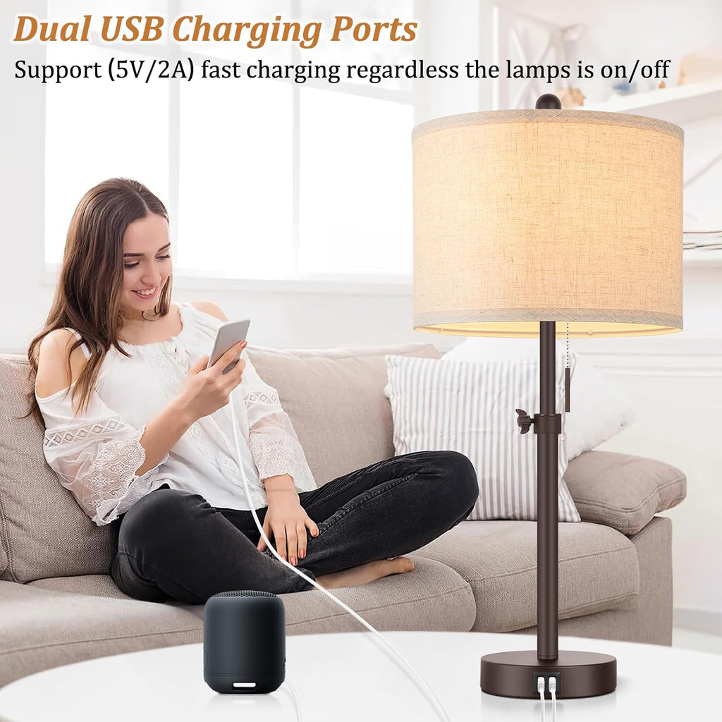 Modern Brown Table Lamps Set of 2, 23’’-30’’ Adjustable Bedroom Lamps with 2 USB Ports, Living Room Lamp Set with Cream Linen Shade…