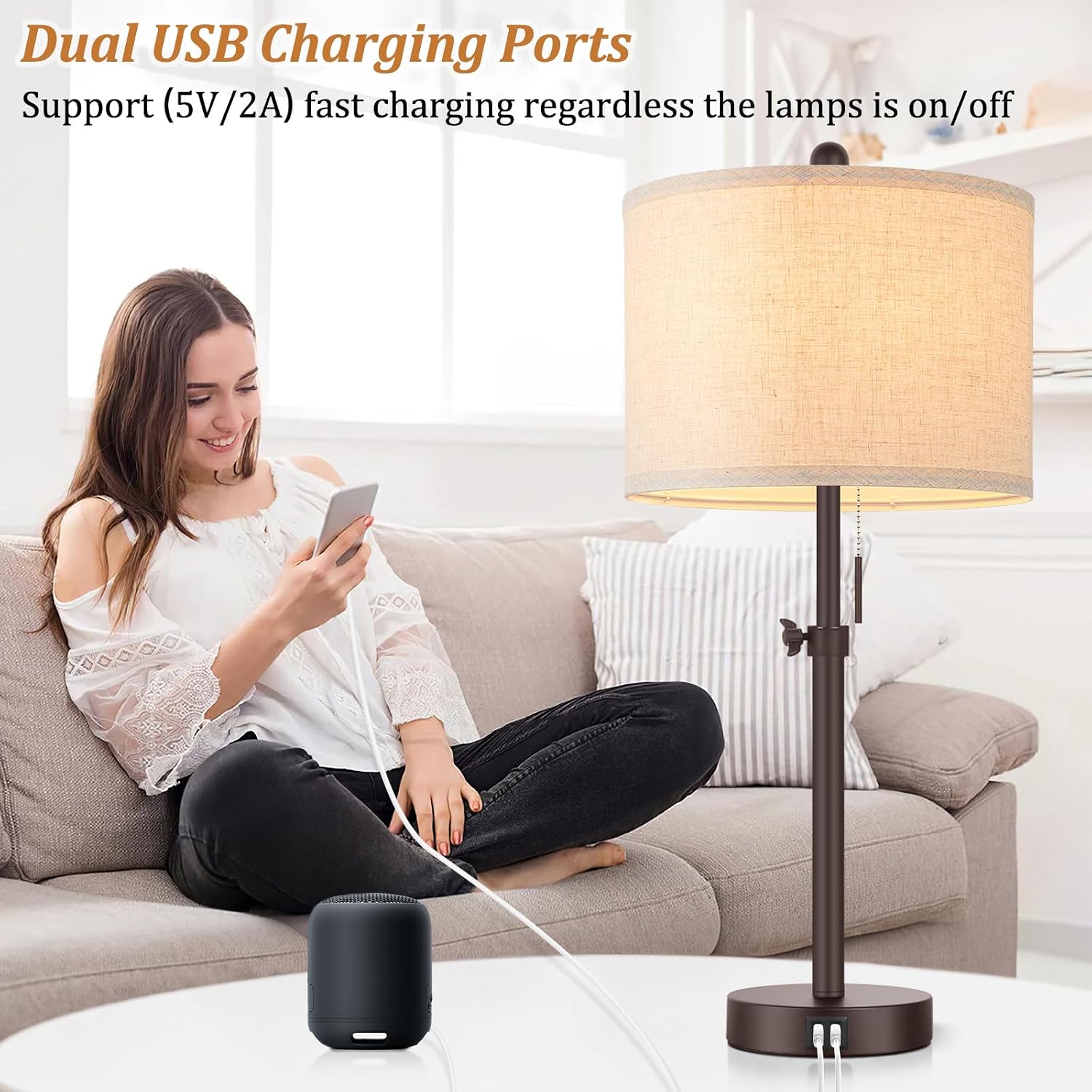 Modern Brown Table Lamps Set of 2, 23’’-30’’ Adjustable Bedroom Lamps with 2 USB Ports, Living Room Lamp Set with Cream Linen Shade…
