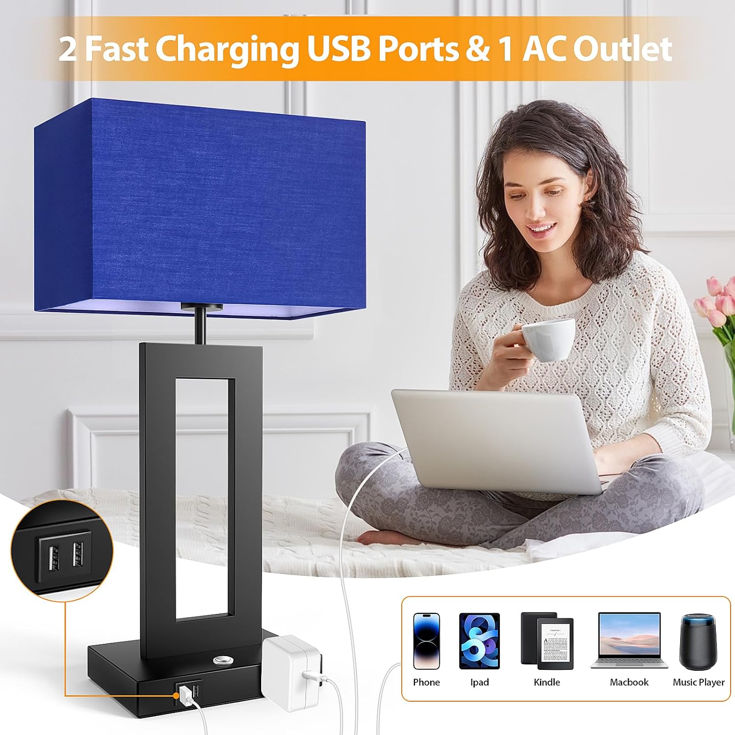 3 Color Temperatures Table Lamps for Bedrooms Set of 2, 22’’ Touch Control Bedside Nightstand Lamps with 2 USB Ports & AC Outlet…