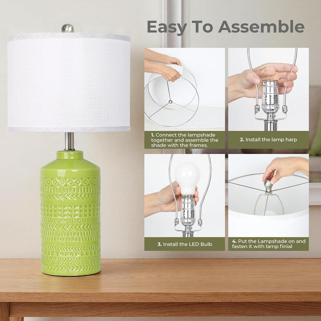 JUNNAI Light Green Ceramic Table Lamp 25 inch 3-Way Dimmable Nightstand Lamp with White Linen Shade Bedside Lamp for Living Room Bedroom…