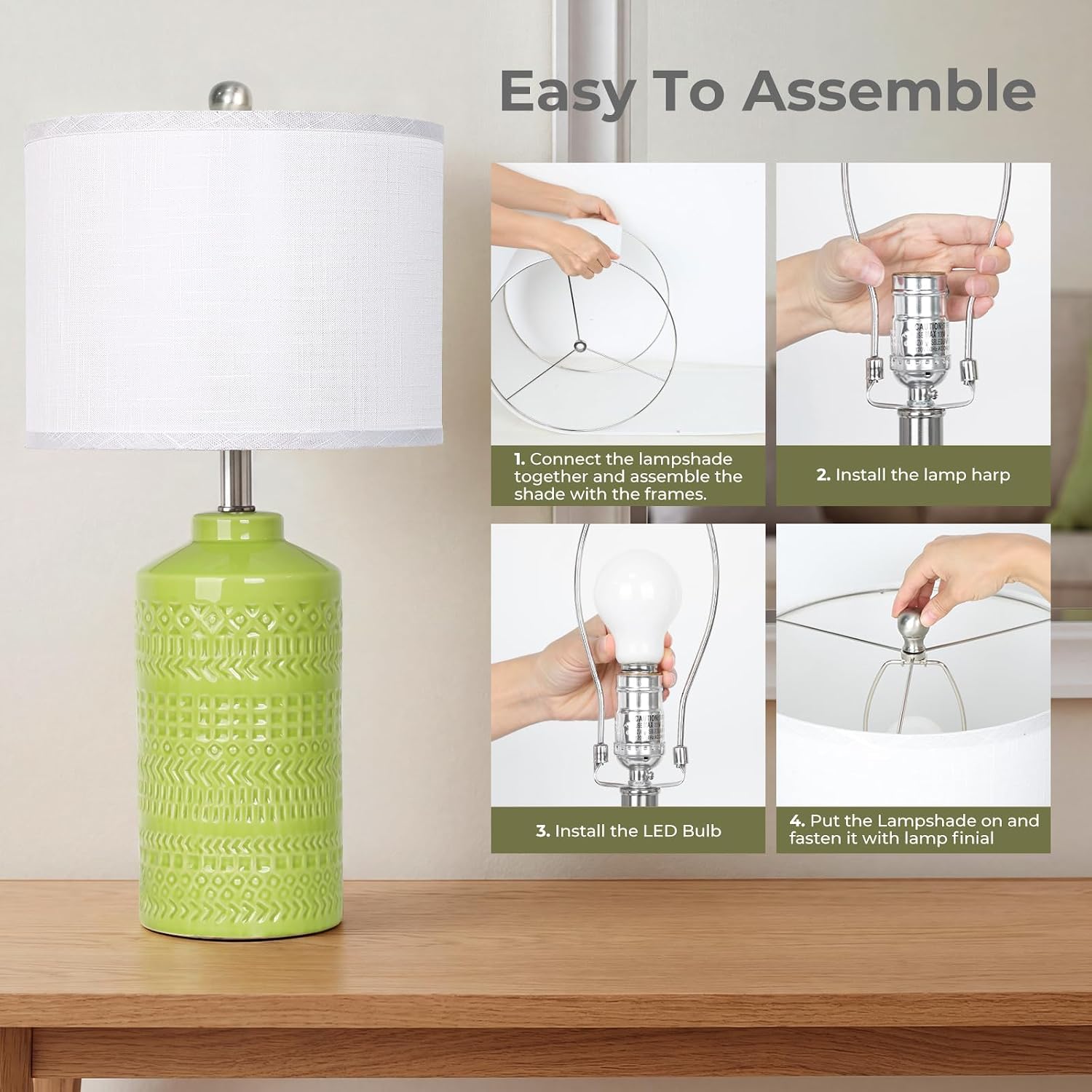 JUNNAI Light Green Ceramic Table Lamp 25 inch 3-Way Dimmable Nightstand Lamp with White Linen Shade Bedside Lamp for Living Room Bedroom…