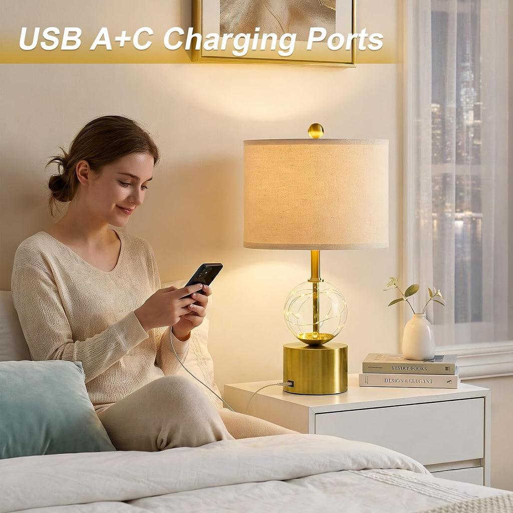 Oneach 20.5" Small Bedside Table Lamps for Bedroom Nightstands, Gold Glass Modern Table Lamps Set of 2 with USB A+C Charging Port, Night…