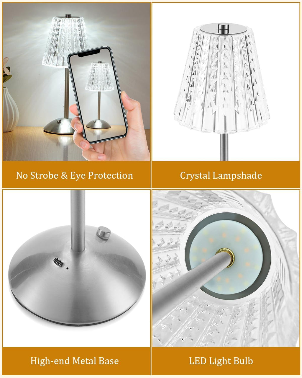 Nusogon Cordless Touch Table Lamp, LED Rechargeable Small Dask Lamp, 3 Colors Dimmable Battery Operated Crysta Lamp for Bedroom…