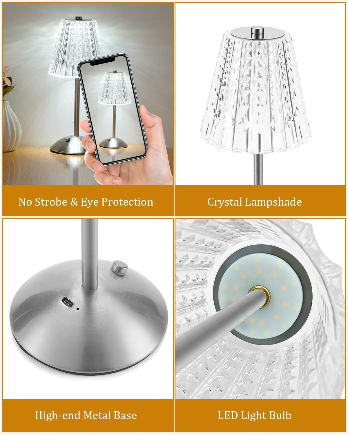 Nusogon Cordless Touch Table Lamp, LED Rechargeable Small Dask Lamp, 3 Colors Dimmable Battery Operated Crysta Lamp for Bedroom…