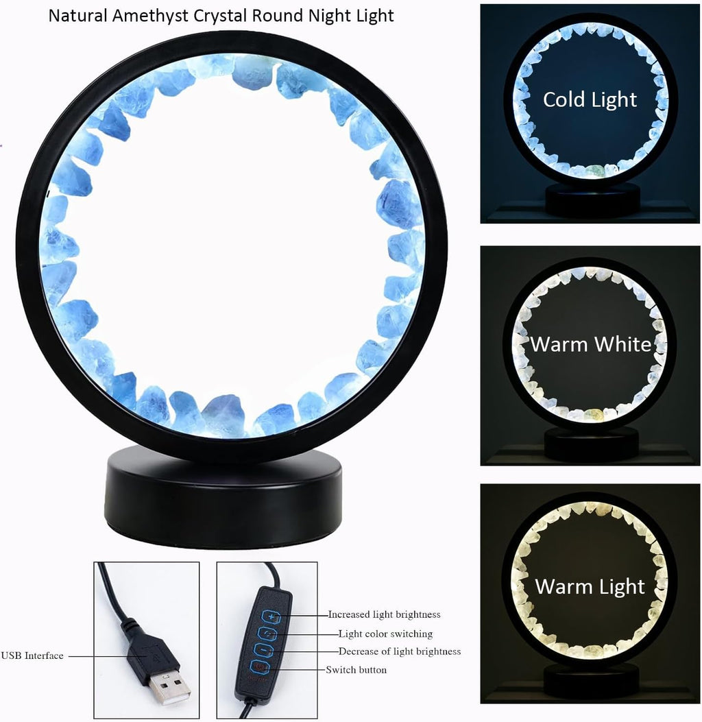 Runyangshi Celestite Night Light 8.6" Natural Healing Crystal Bedside USB Port 3 Colours Dimming Mode Bedroom Lamp Suitable Night Lamp Idea…