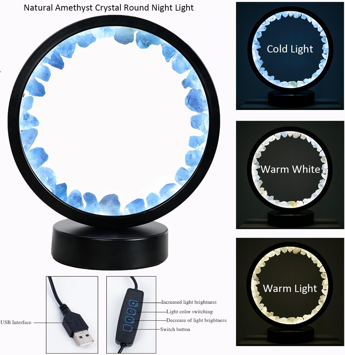 Runyangshi Celestite Night Light 8.6" Natural Healing Crystal Bedside USB Port 3 Colours Dimming Mode Bedroom Lamp Suitable Night Lamp Idea…