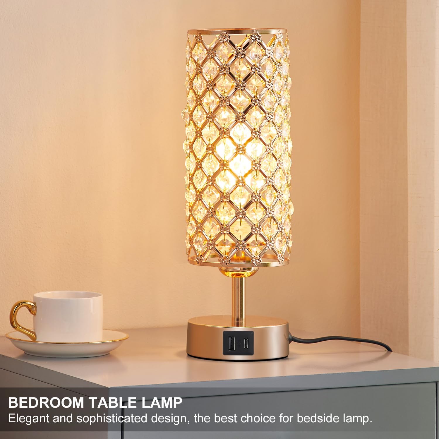 Crystal Table Lamp, Gold Lamp for Bedroom with USB-C USB-A Charging Ports, 3 Way Dimmable Light with Crystal Lampshade, Bedside Lamp…