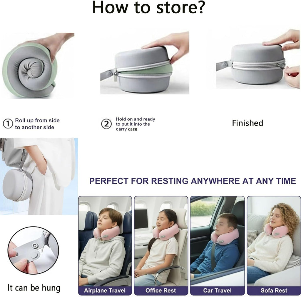 Kids Travel Pillow - Memory Foam Soft Airplane Neck Pillow for Head Neck Support, Compact Design with Hard Case, for Airplane, Car, Home…