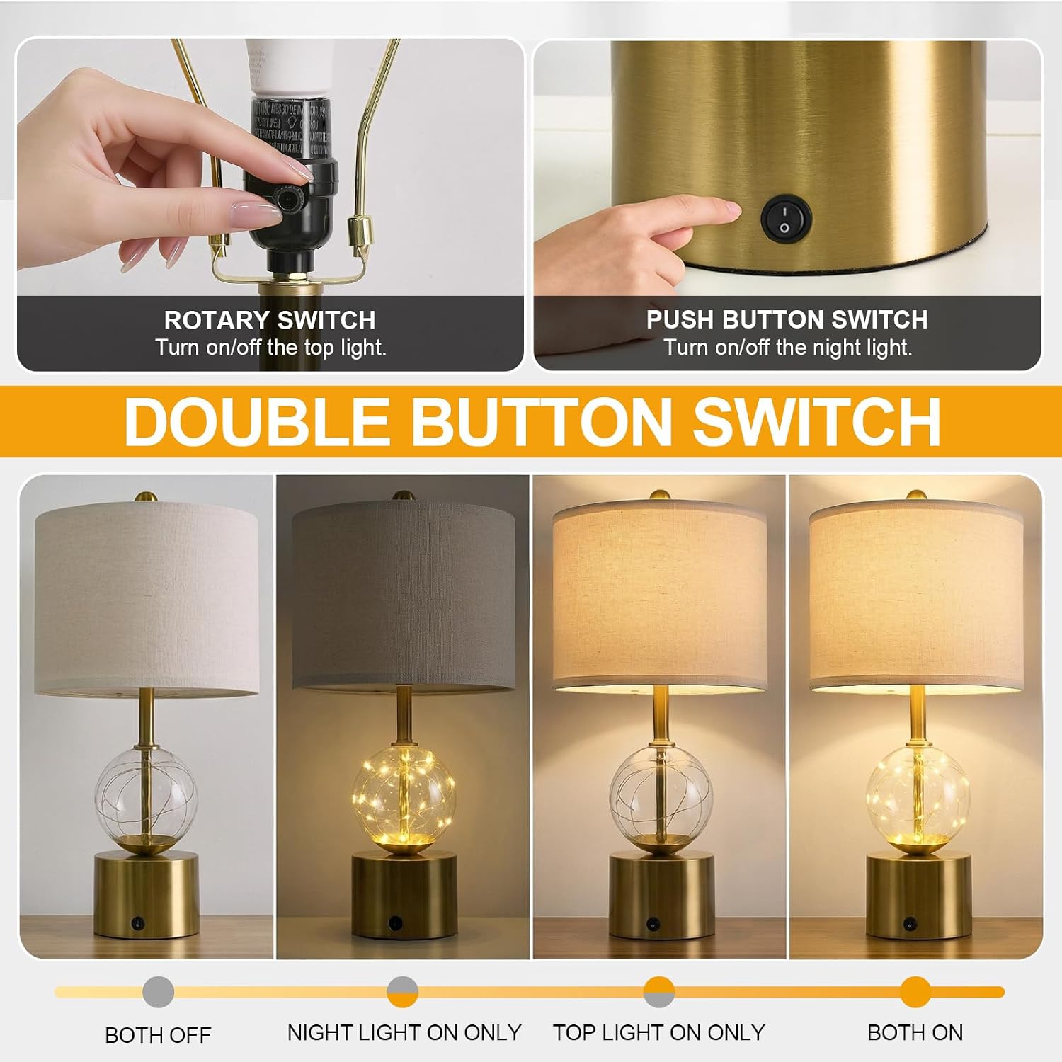 Oneach 20.5" Small Bedside Table Lamps for Bedroom Nightstands, Gold Glass Modern Table Lamps Set of 2 with USB A+C Charging Port, Night…