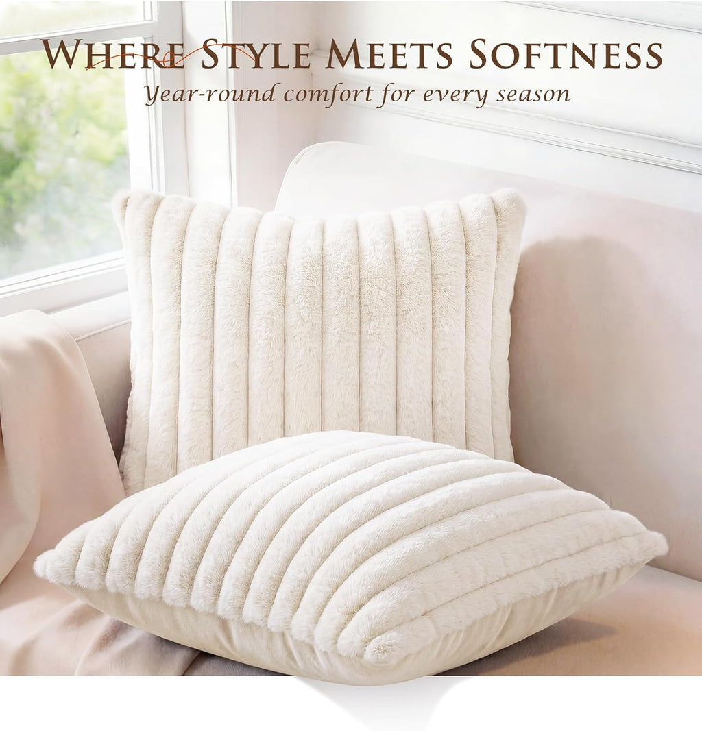 MEGAYES Pack of 2 Throw Pillow Covers 18x18 Decorative Solid Plush Faux Fur with Soft Velvet Back, Square Striped Cushion Cases Mode…