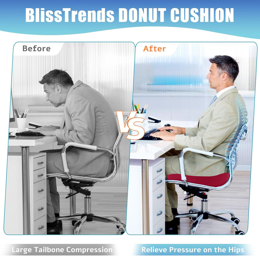 BlissTrends Donut Pillow Seat Cushion, Donut Chair Cushions for Postpartum Pregnancy & Hemorrhoids, Tailbone Cushion, Memory Foam Lifting Cush…
