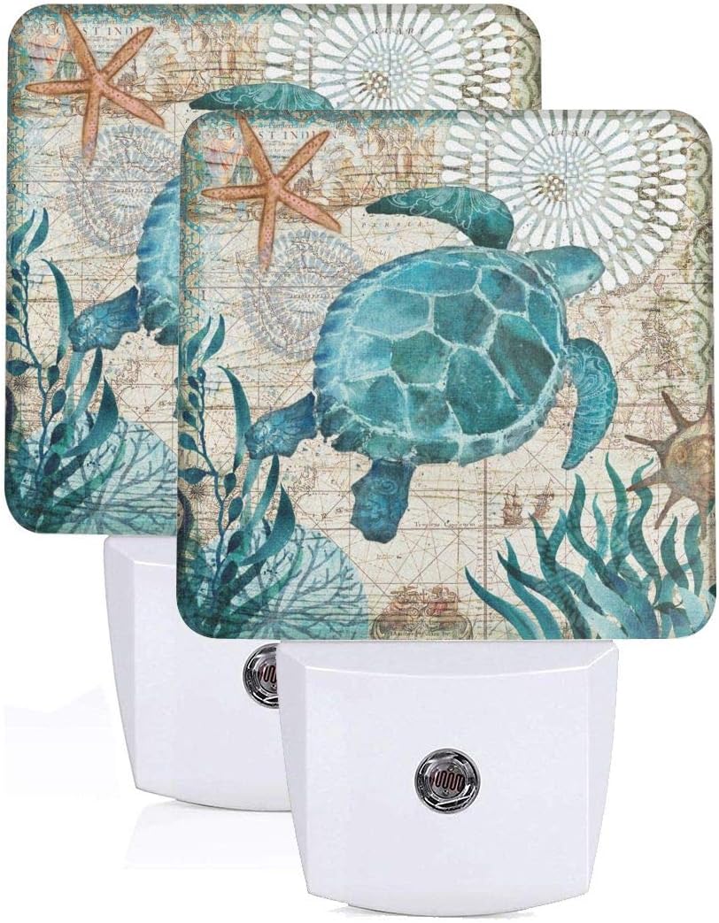 Aieefun Set of 2 Led Night Lights, Vintage Ocean Turtle Starfish World Map Auto Dusk-to-Dawn Sensor Night Lamp Plug-in Home Decorative…