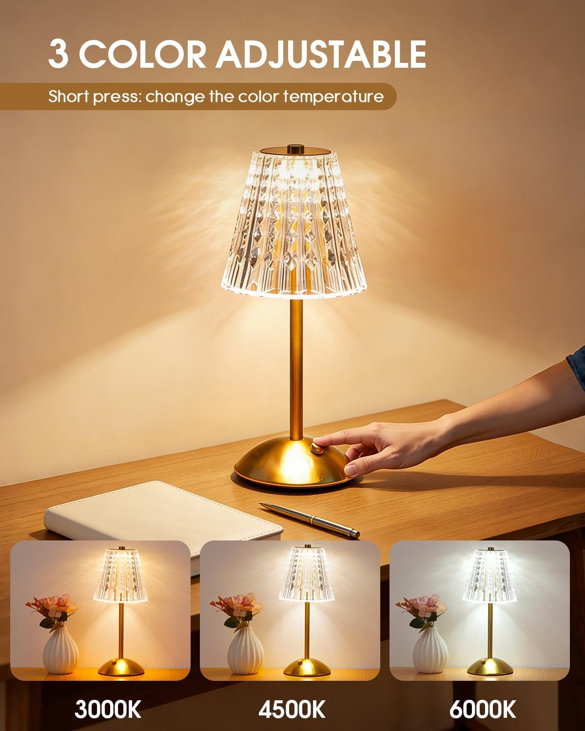 Nusogon Cordless Touch Table Lamp, Classic Edition Rechargeable Small Desk Lamp, 3 Color Dimmable Crystal Lamp for Bedroom, Restaurant…