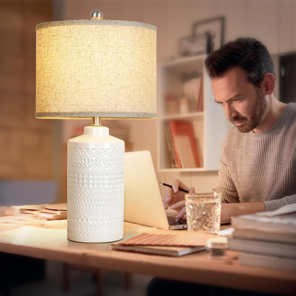 JUNNAI White Ceramic Table Lamp with Beige Shade: 3-Way Dimmable Night Stand Light Lamp 24.5" Modern Table Lamps for Living Room Bedroom…