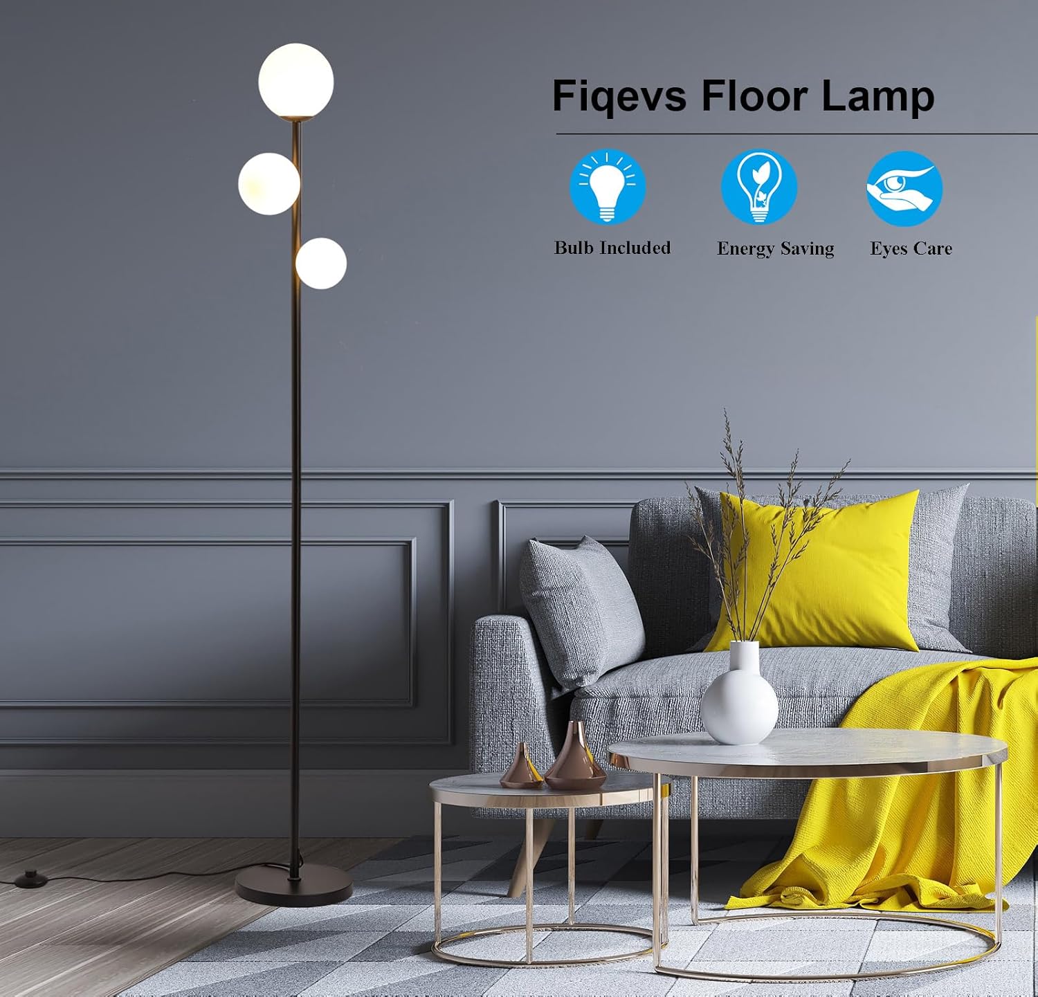 Fiqevs 3 Globe Mid Century Modern Floor Lamp, 3 x 800LM LED Bulbs Included, Matt Black Standing Lamp with Sphere Frosted Glass Shade…