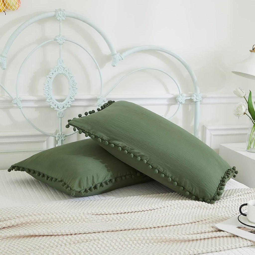 Moveover Dark Green Pom Poms Pillowcases, Green Standard Pillow Cases Set of 2, 100% Washed Microfiber, Bronze Green Ball Fringe Pillow Cov…