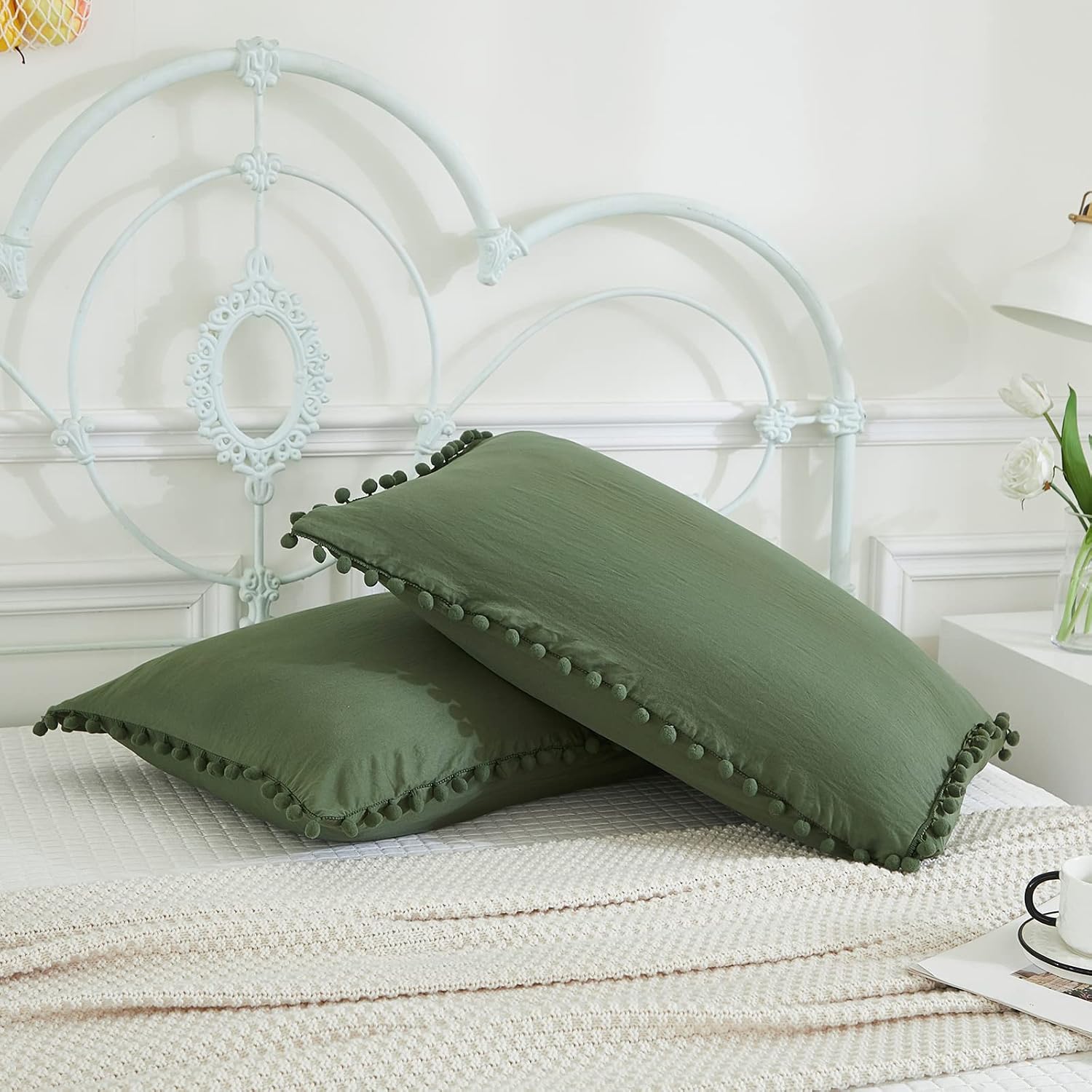 Moveover Dark Green Pom Poms Pillowcases, Green Standard Pillow Cases Set of 2, 100% Washed Microfiber, Bronze Green Ball Fringe Pillow Cov…