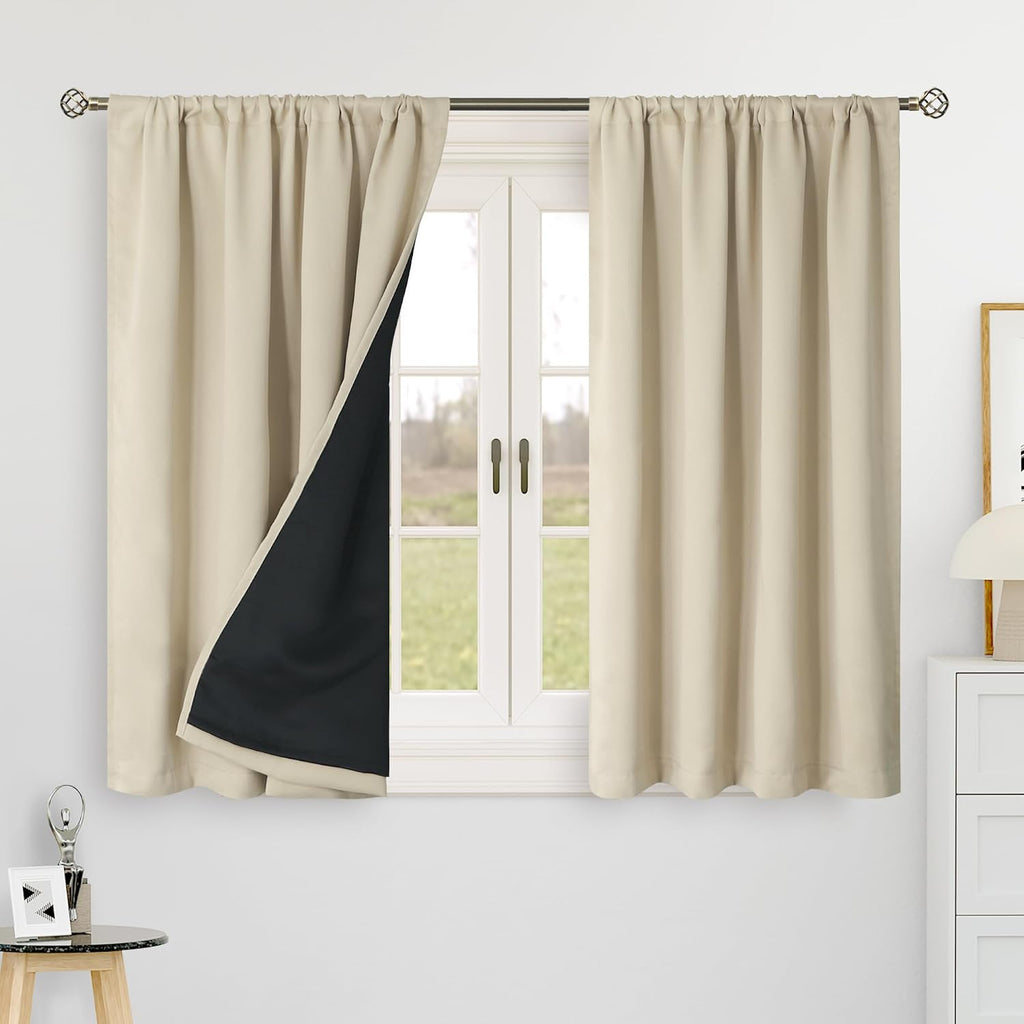 BGment Beige 100% Blackout 48 Inch Curtains for Small Window, Rod Pocket and Back Tab Double Layer Black Out Thermal Insulated Room…