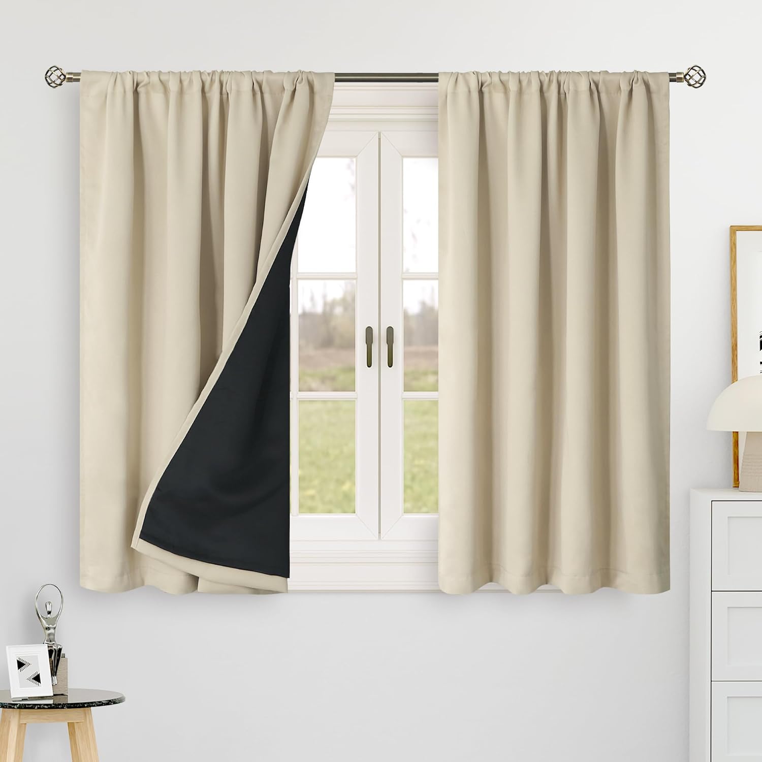 BGment Beige 100% Blackout 48 Inch Curtains for Small Window, Rod Pocket and Back Tab Double Layer Black Out Thermal Insulated Room…