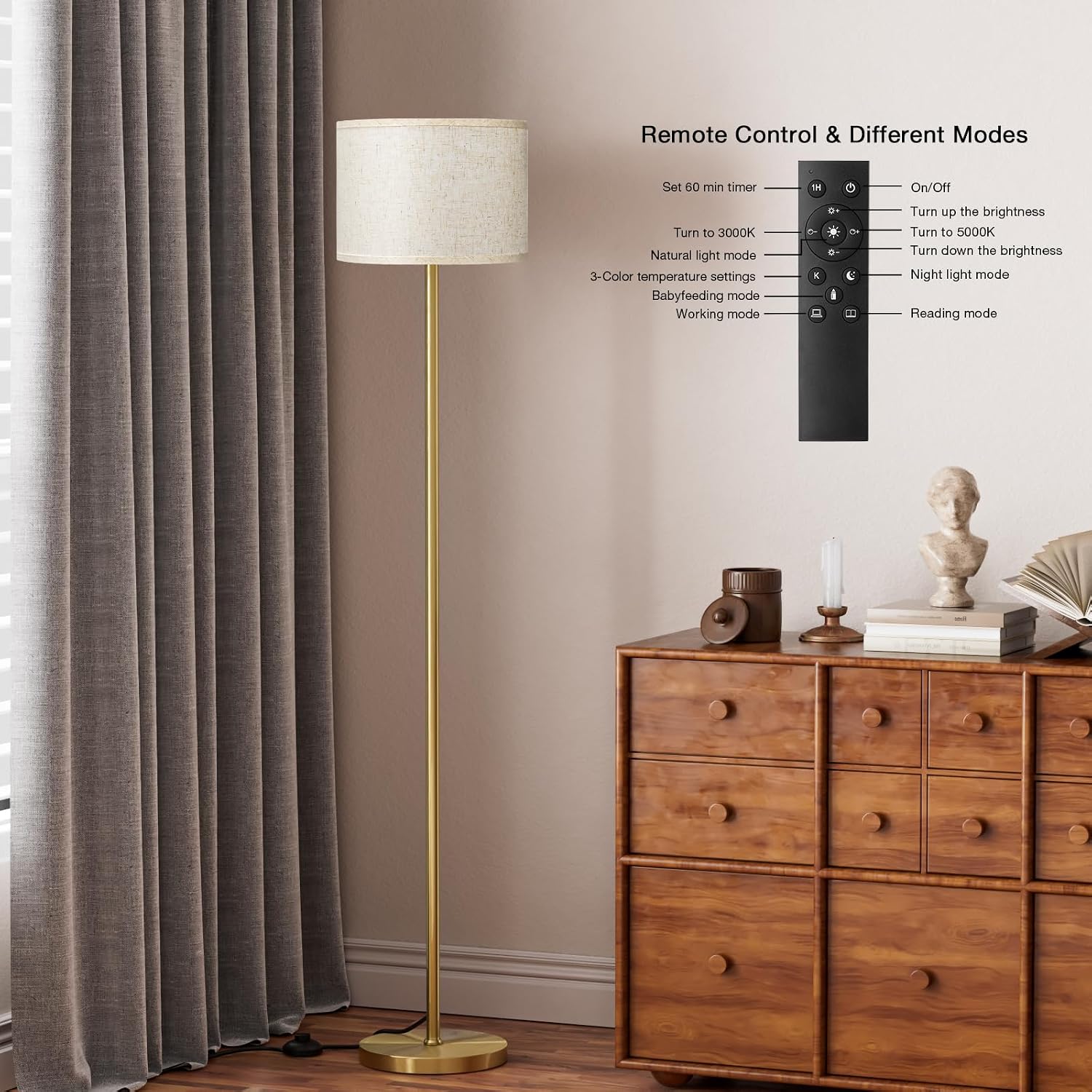 Ambimall 60'' Modern Floor Lamp with Remote, Tall Lamps for Living Room, Bedroom, Office, Dining Room, Beige Shade with Gold…