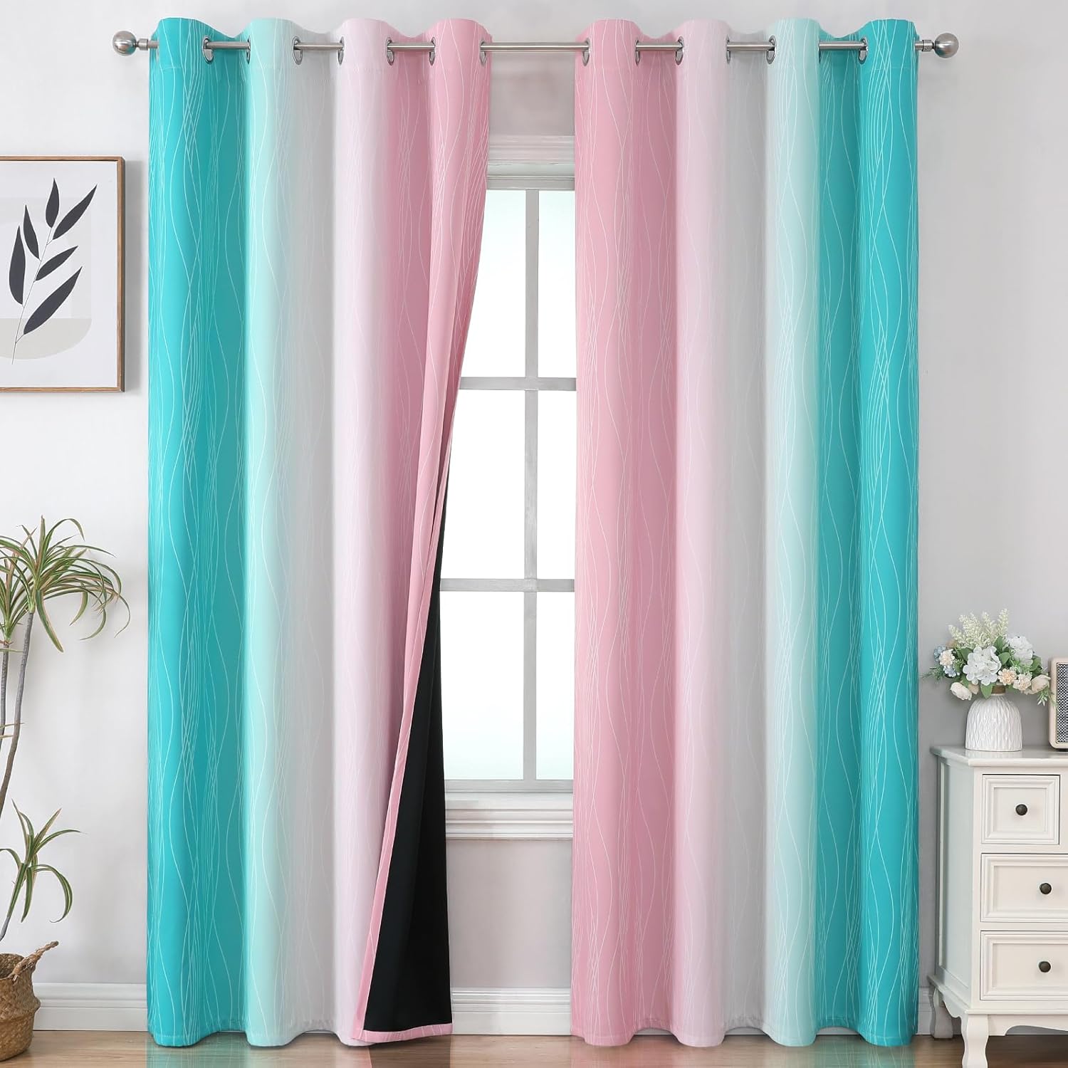 Estelartextiler Estelar Textiler Pink and Teal Blackout Curtains 102 Inch Length 2 Panels Set, Thermal Insulated Ombre Grommet Drapes for B…