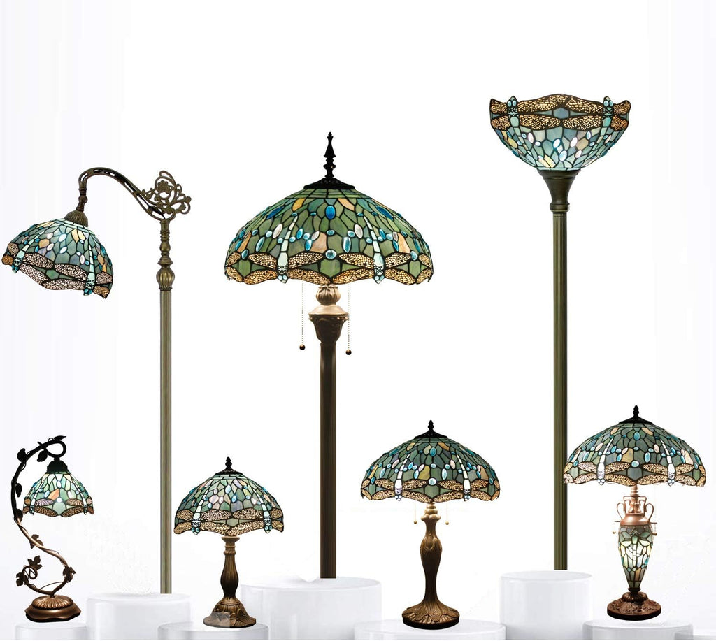 WERFACTORY Tiffany Lamp Sea Blue Stained Glass Bedside Table Lamp Dragonfly Style Desk Reading Light Metal Base 16X16X24 Inches Decor…