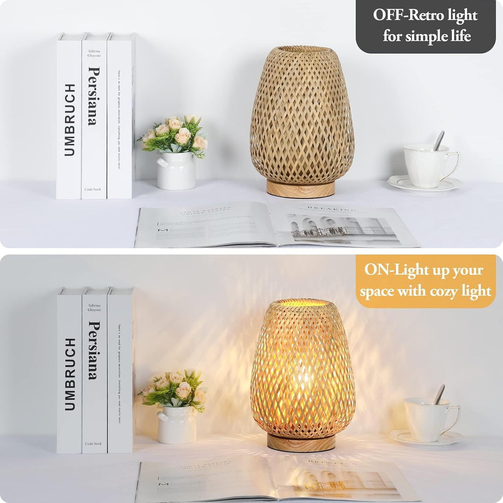 Brightever Rattan Table Lamp, Stepless Dimmable Small Beside Lamp, Vintage Wicker Wooden Nightstand Boho Bamboo Woven End Table Lamps for B…